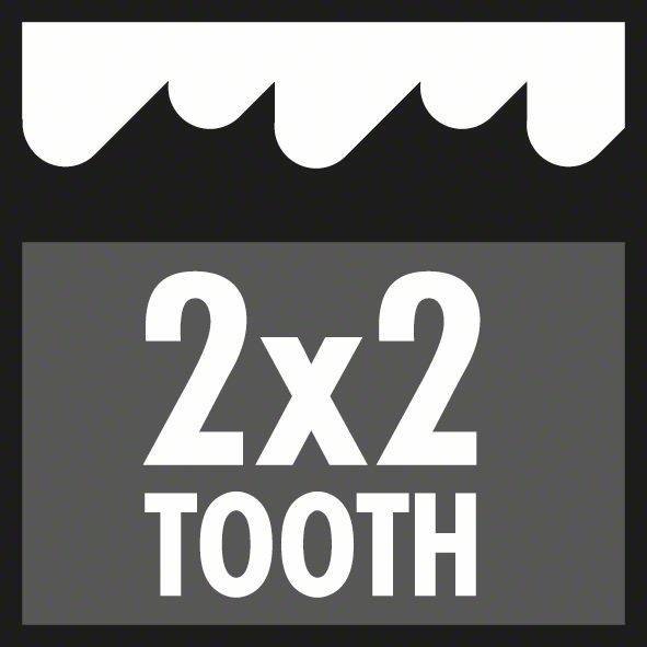 Ein stilisiertes Symbol, das vier Zähne über einem schraffierten Kästchen zeigt, in dem '2x2 TOOTH' steht, was wahrscheinlich einen bestimmten Werkzeug- oder Klingentyp anzeigt.