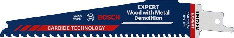 Ein Bosch-Werkzeugetikett mit der Aufschrift 'Holztechnologie' in Weiß und 'Bosch' in Rot auf einem blau-roten Hintergrund, bezogen auf Holzbearbeitungswerkzeuge.