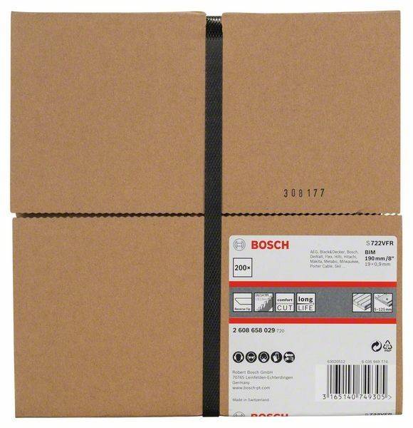 Ein Bosch-Produktpaket mit 200 BIM-Stichsägeblättern, Modell S 722 VFR, geeignet für Holz und Metall, mit Betonung auf Langlebigkeit und Präzision.