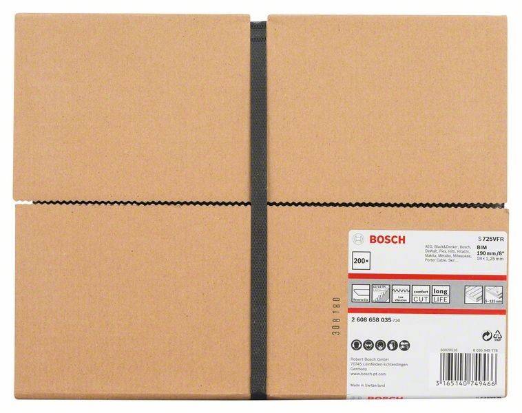 Zwei braune Bosch-Kartons mit einem schwarzen Gurt, der um sie herumgewickelt ist. Ein Etikett auf der rechten Box zeigt Produktdetails.