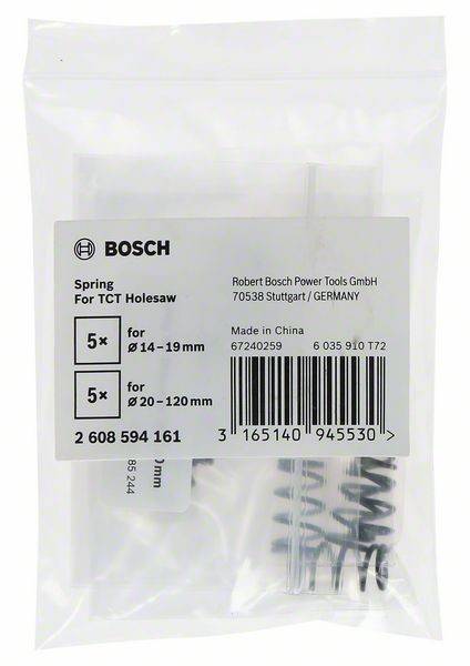 Kunststoffverpackung für Bosch Federn, 5 Stück für TCT-Lochsäge. Enthält Größenangaben und Produktnummer. Hergestellt in China.