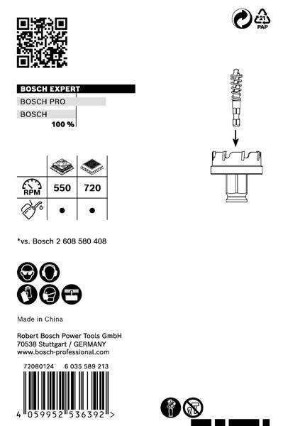 BOSCH Expert' Etikett mit Drehzahlangaben 550 und 720, illustrierten Werkzeugen und einer Bohrereinsatzzeichnung. Hergestellt in China von Robert Bosch Power Tools GmbH.