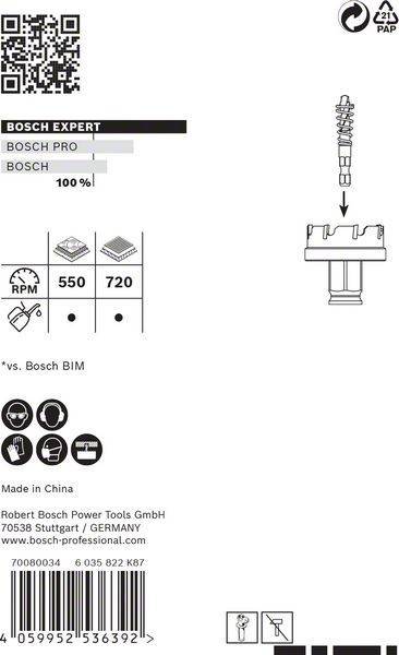 Lochsägen-Vergleich von 'Bosch Expert': Schnellere Schnittgeschwindigkeit bei 720 U/min im Vergleich zu Bosch BIM bei 550 U/min. Inklusive Sicherheitssymbolen und Herstellerinformationen.