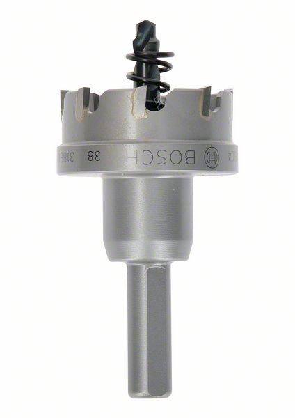 Ein Lochsägebohrer aus Metall mit Sechskantschaft, beschriftet mit 'BOSCH 38'. Er verfügt über scharfe Zähne zum Schneiden und eine integrierte Feder zur Entfernung von Spänen.