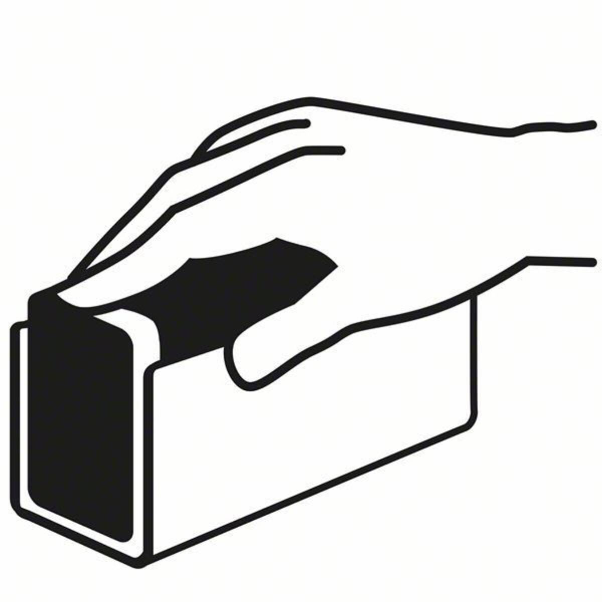 Eine Hand hält einen rechteckigen Gegenstand, möglicherweise einen Schleifklotz, und ist positioniert zum Schleifen oder Glätten einer Oberfläche.