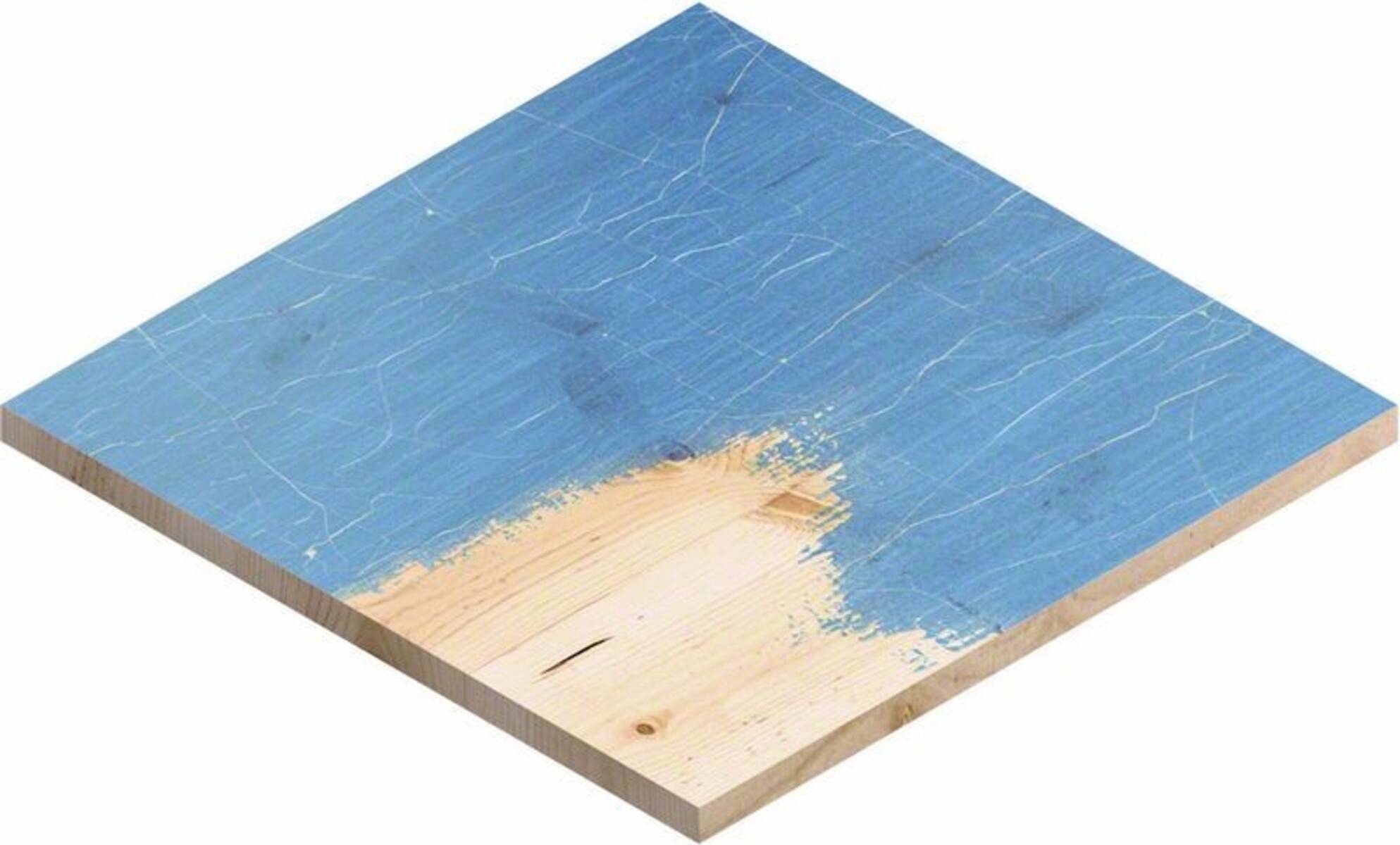 Ein Holzbrett, teilweise in Blau bemalt, wobei die unbemalte Portion die natürliche Holzstruktur zeigt.