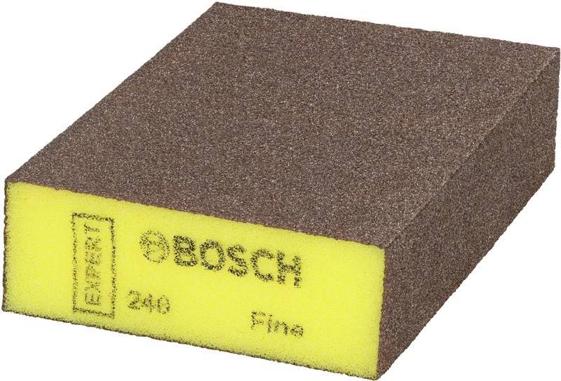 Ein Bosch Schleifpad mit 240er Körnung, fein, mit brauner Schleifoberfläche und gelber Schaumrückseite.