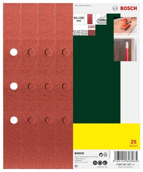 Schleifpapier-Pack mit 25 Blatt, 93x230 mm, Körnung 180. Geeignet zum Schleifen von Holzoberflächen. Enthält Abbildungen einer Schleifmaschine und Holz.