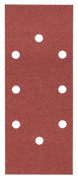 Ein rechteckiges Blatt roten Schmirgelpapiers mit sechs gleichmäßig verteilten kreisrunden Löchern.
