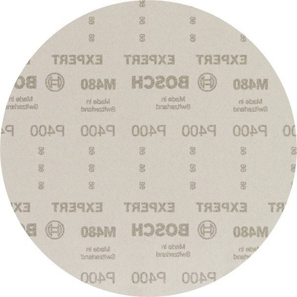Ein beige kreisförmiges Schleifpapierblatt mit wiederholtem 'BOSCH P400' Text und Logo, das Marke und Körnungsgröße für Polier- und Glättarbeiten anzeigt.