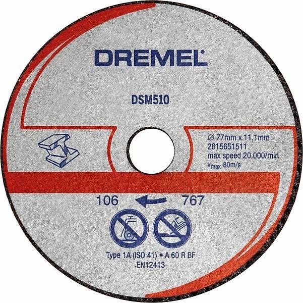 Trennscheibe mit der Bezeichnung 'DREMEL DSM510' mit Spezifikationen 'Ø 77 mm x 1,1 mm', 'max. Drehzahl 20.000/min'. Geeignet für Schneideanwendungen.