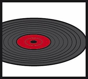 Eine flache Illustration einer Schallplatte mit einem roten Etikett in der Mitte. Die Schallplatte zeigt konzentrische schwarze Rillen, die Musik symbolisieren.