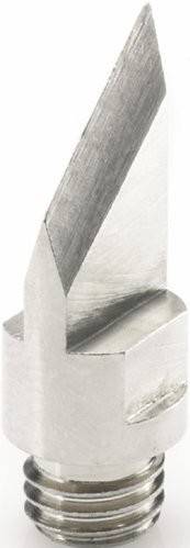 Ein glänzender Metallbohrer mit einem dreieckigen Querschnitt und scharfen Kanten, der zum Schneiden oder Bohren entwickelt wurde.