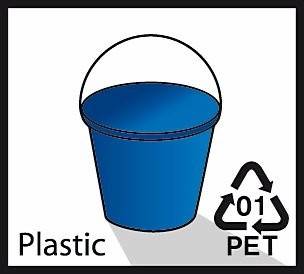 Ein blauer Plastik-Eimer mit einem Recycling-Symbol, das die Nummer '01' und die Buchstaben 'PET' zeigt, links unten mit der Bezeichnung 'Kunststoff' beschriftet.