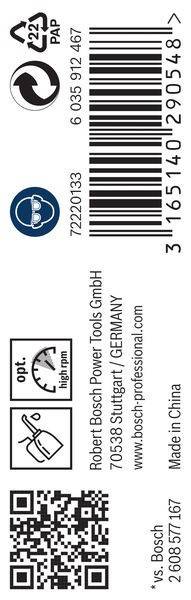 Bosch Power Tools GmbH, Stuttgart / GERMANY' Text mit Barcode und Gauge-Symbol, das hohe Umdrehungszahl anzeigt.