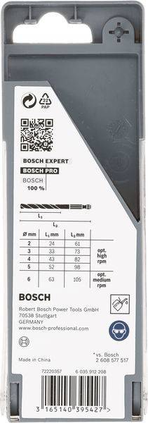Ein Paket mit Bosch Expert Bohrern in Größen von 2 mm bis 6 mm, mit detaillierten Längenspezifikationen und optimalen Drehzahlen für verschiedene Materialien.
