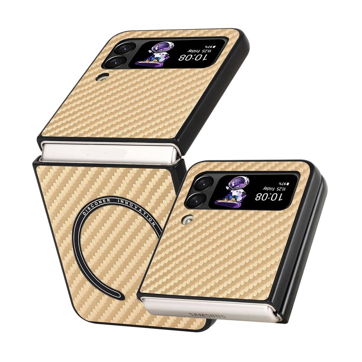 Für Samsung Galaxy Z Flip4 5G MagSafe Magnetic Kunststoff Kohlefaser Struktur Handy Tasche Hülle Etuis Gold