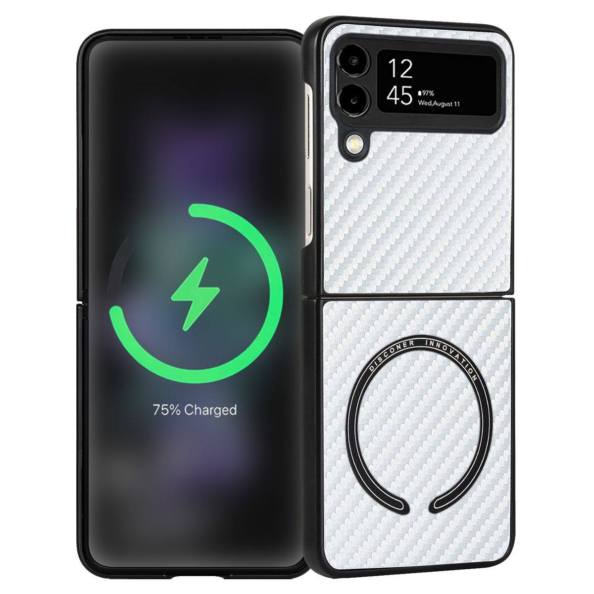 Für Samsung Galaxy Z Flip4 5G MagSafe Magnetic Kunststoff Kohlefaser Struktur Handy Tasche Hülle Etuis Silber