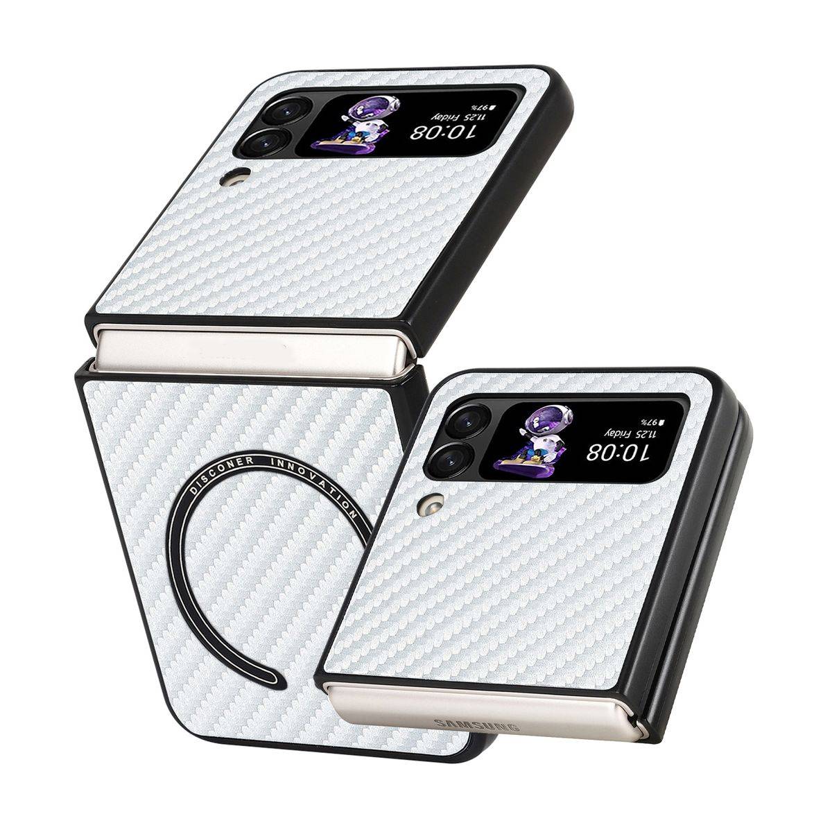 Für Samsung Galaxy Z Flip4 5G MagSafe Magnetic Kunststoff Kohlefaser Struktur Handy Tasche Hülle Etuis Silber