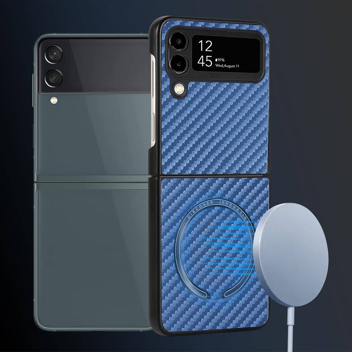 Für Samsung Galaxy Z Flip4 5G MagSafe Magnetic Kunststoff Kohlefaser Struktur Handy Tasche Hülle Etuis Silber