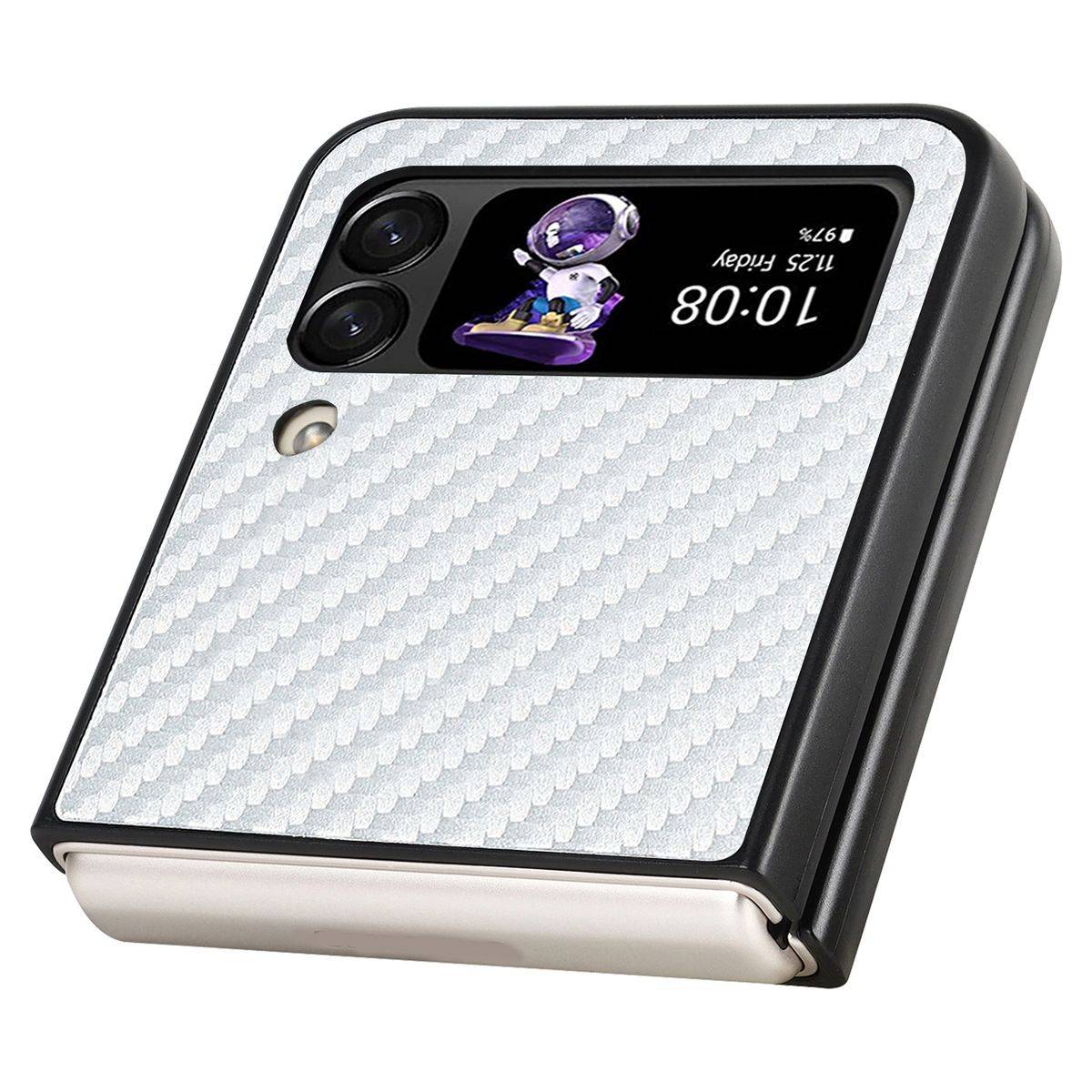 Für Samsung Galaxy Z Flip4 5G MagSafe Magnetic Kunststoff Kohlefaser Struktur Handy Tasche Hülle Etuis Silber