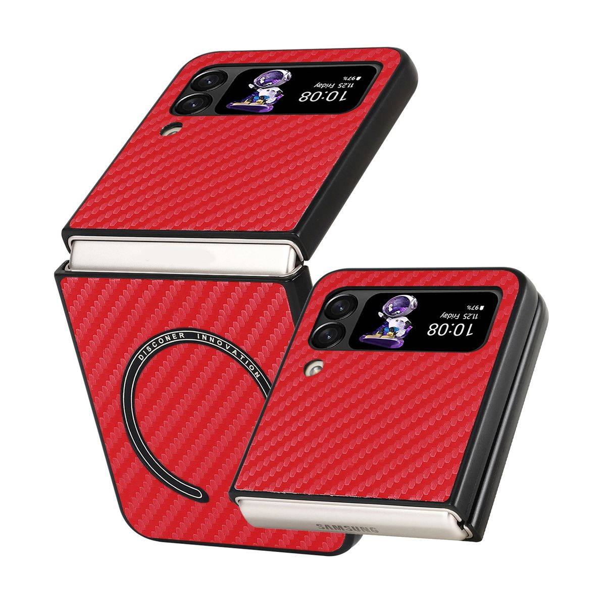 Für Samsung Galaxy Z Flip4 5G MagSafe Magnetic Kunststoff Kohlefaser Struktur Handy Tasche Hülle Etuis Rot