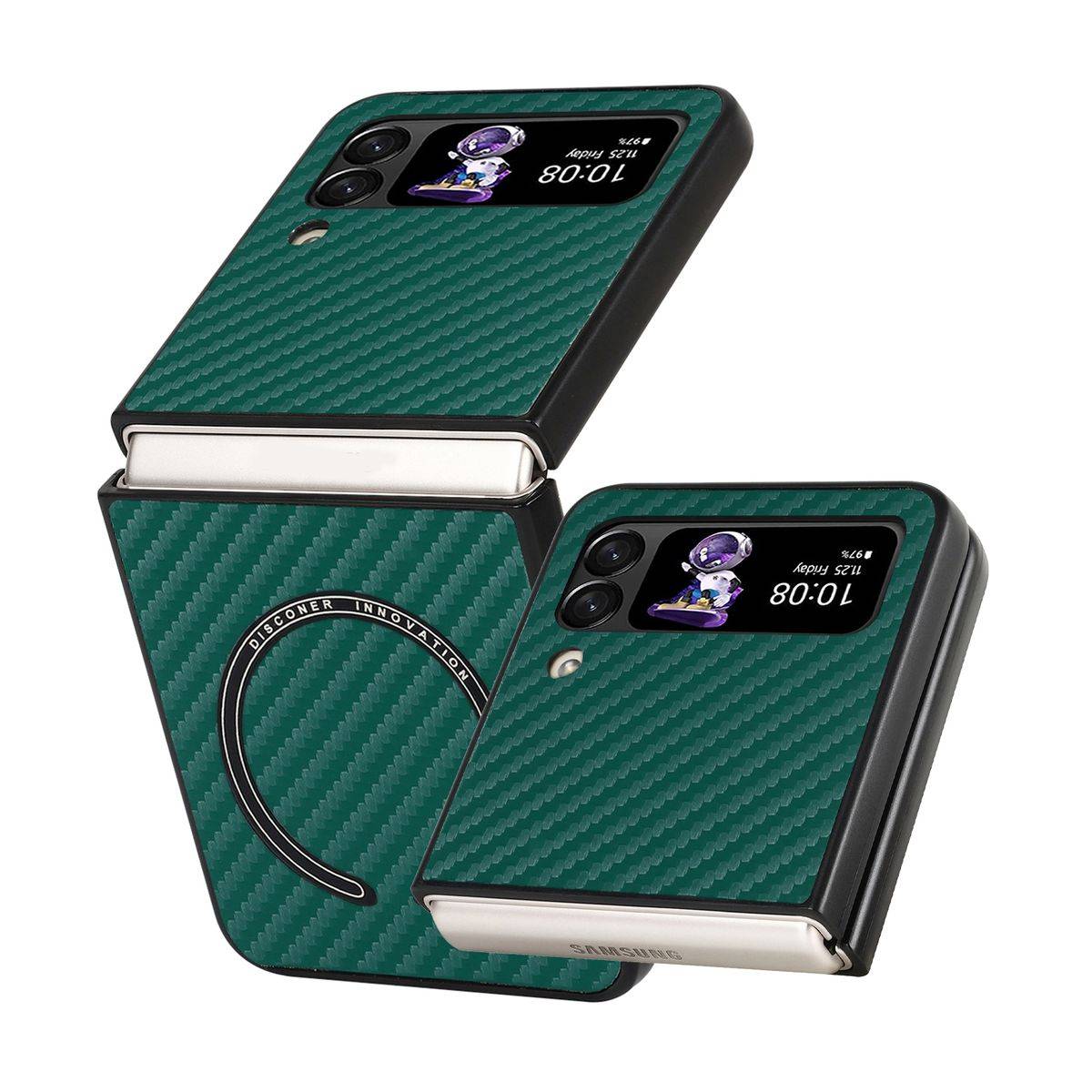 Für Samsung Galaxy Z Flip4 5G MagSafe Magnetic Kunststoff Kohlefaser Struktur Handy Tasche Hülle Etuis Grün