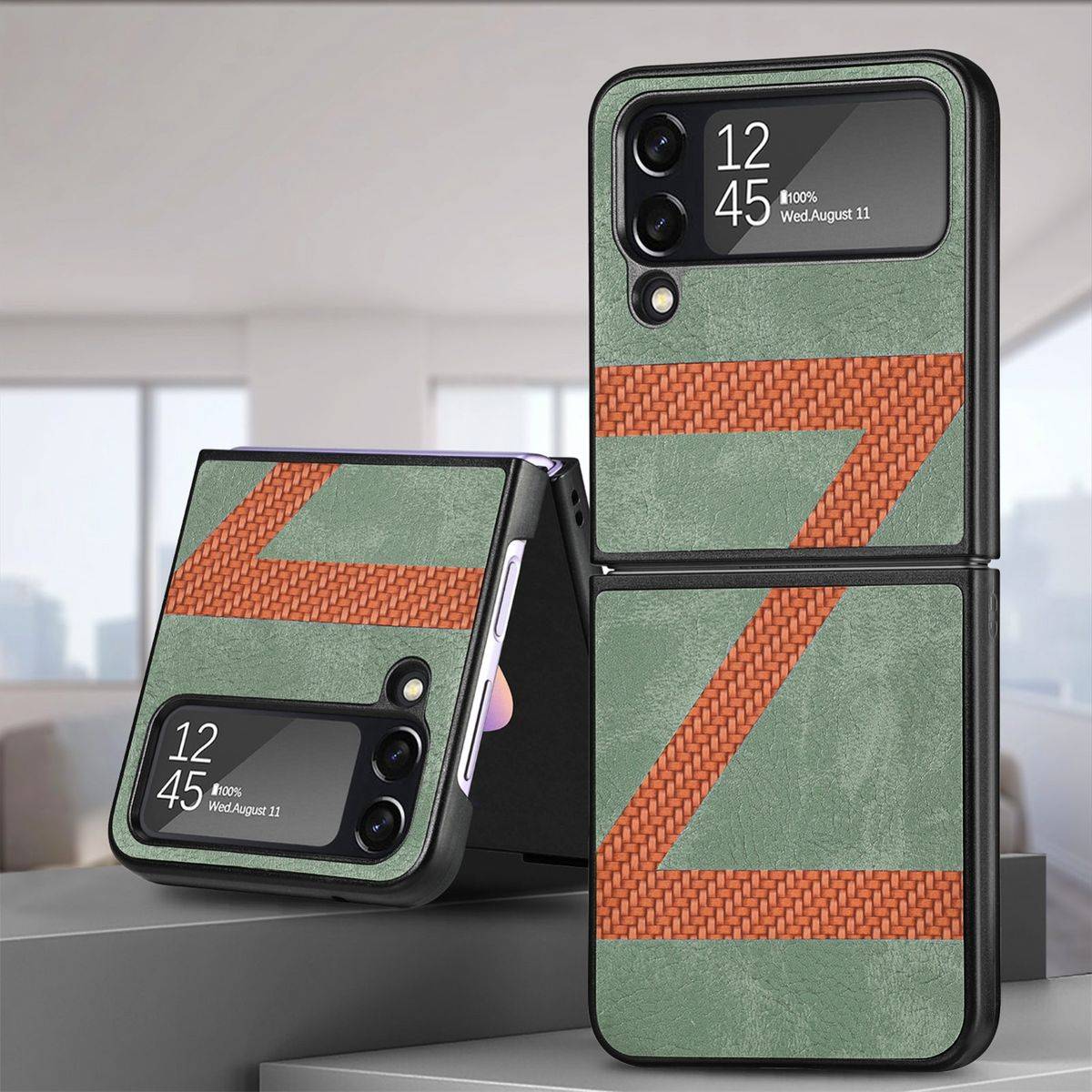 Für Samsung Galaxy Z Flip4 5G Kunstleder / Kunststoff Z-Muster Struktur Handy Tasche Hülle Etuis Grün