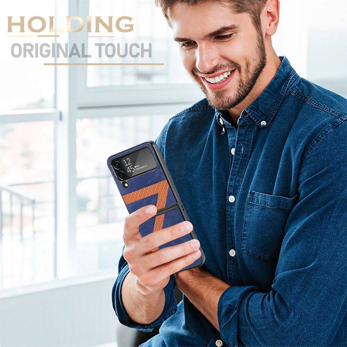 Für Samsung Galaxy Z Flip4 5G Kunstleder / Kunststoff Z-Muster Struktur Handy Tasche Hülle Etuis Grün