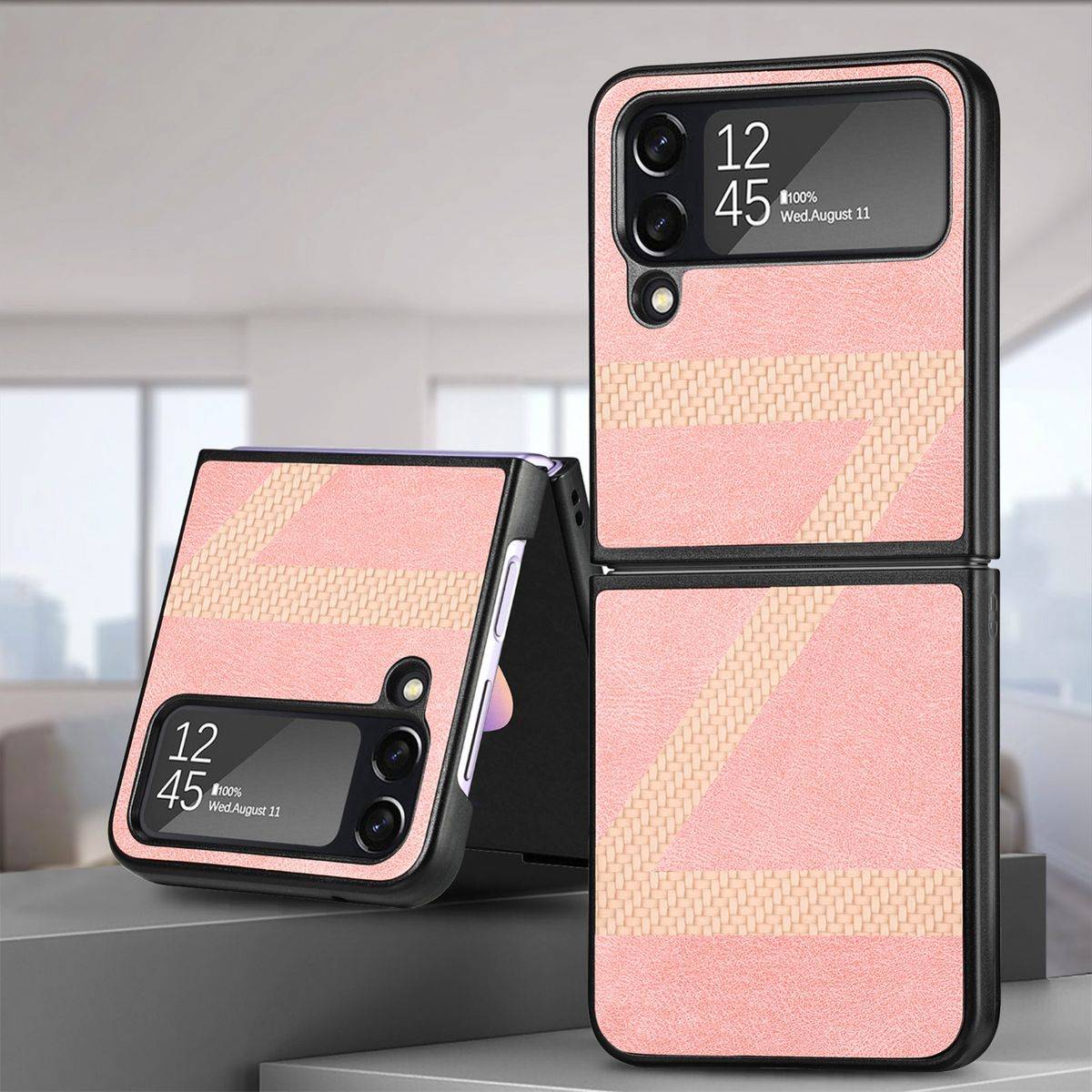 Für Samsung Galaxy Z Flip4 5G Kunstleder / Kunststoff Z-Muster Struktur Handy Tasche Hülle Etuis Pink