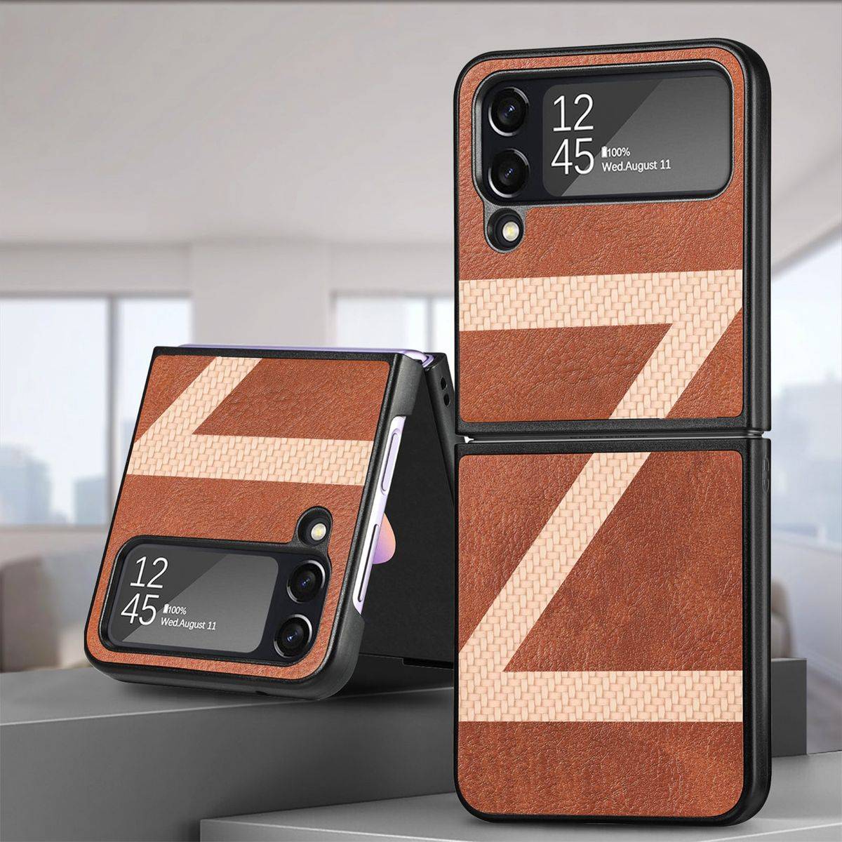 Für Samsung Galaxy Z Flip4 5G Kunstleder / Kunststoff Z-Muster Struktur Handy Tasche Hülle Etuis Braun