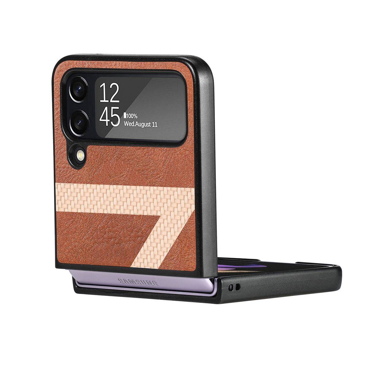 Für Samsung Galaxy Z Flip4 5G Kunstleder / Kunststoff Z-Muster Struktur Handy Tasche Hülle Etuis Braun