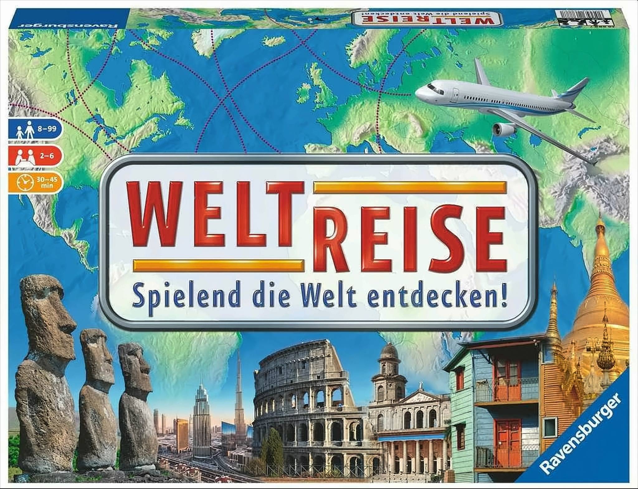 Brettspielcover für 'WELTREISE' mit dem Untertitel 'Spielend die Welt entdecken!', das eine Weltkarte, ein Flugzeug und globale Wahrzeichen zeigt.