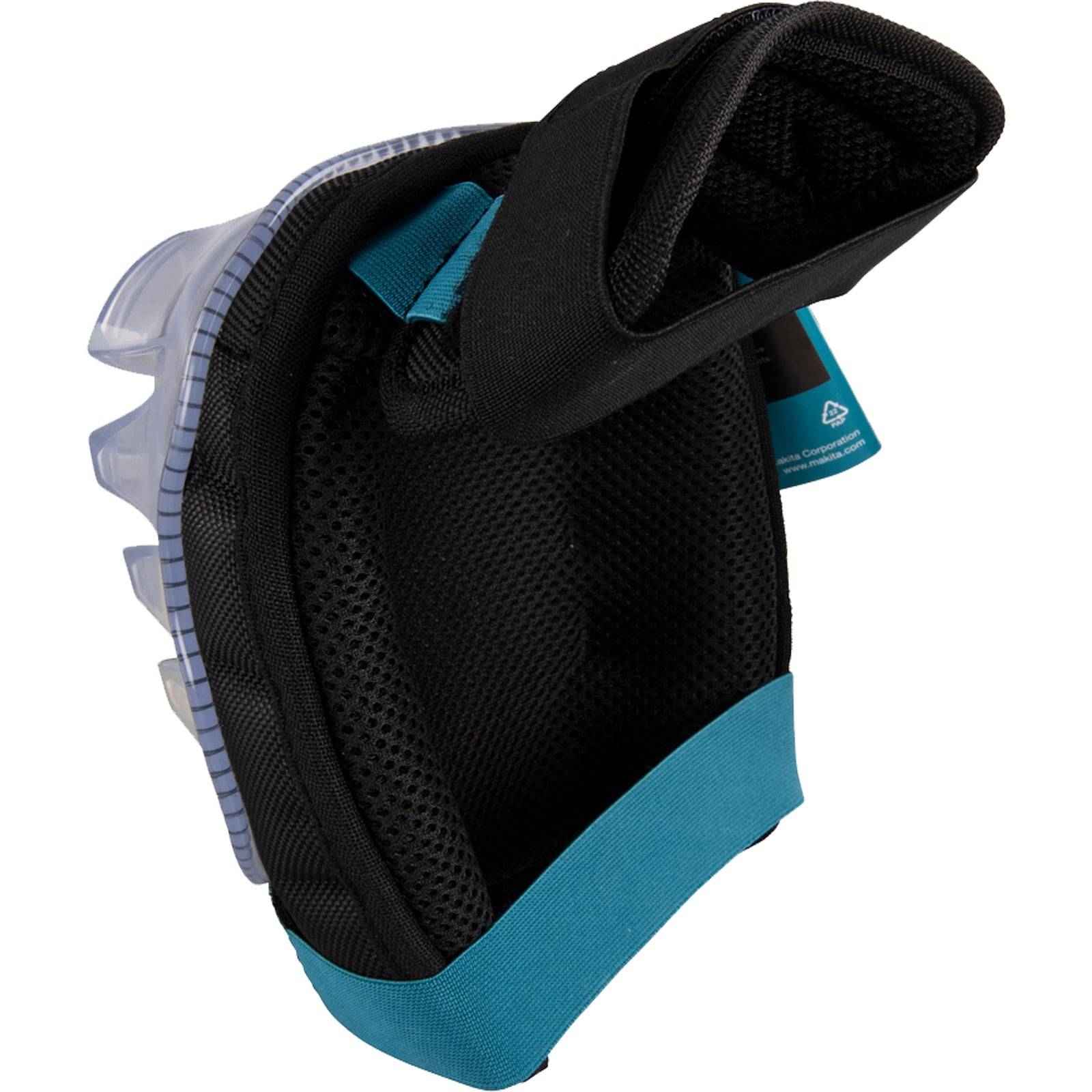 Ein schwarzes und dunkelblaugrünes Schutzkniekissen mit verstellbarem Riemen, das eine langlebige Außenschale und ein gepolstertes Inneres für Komfort und Sicherheit aufweist.