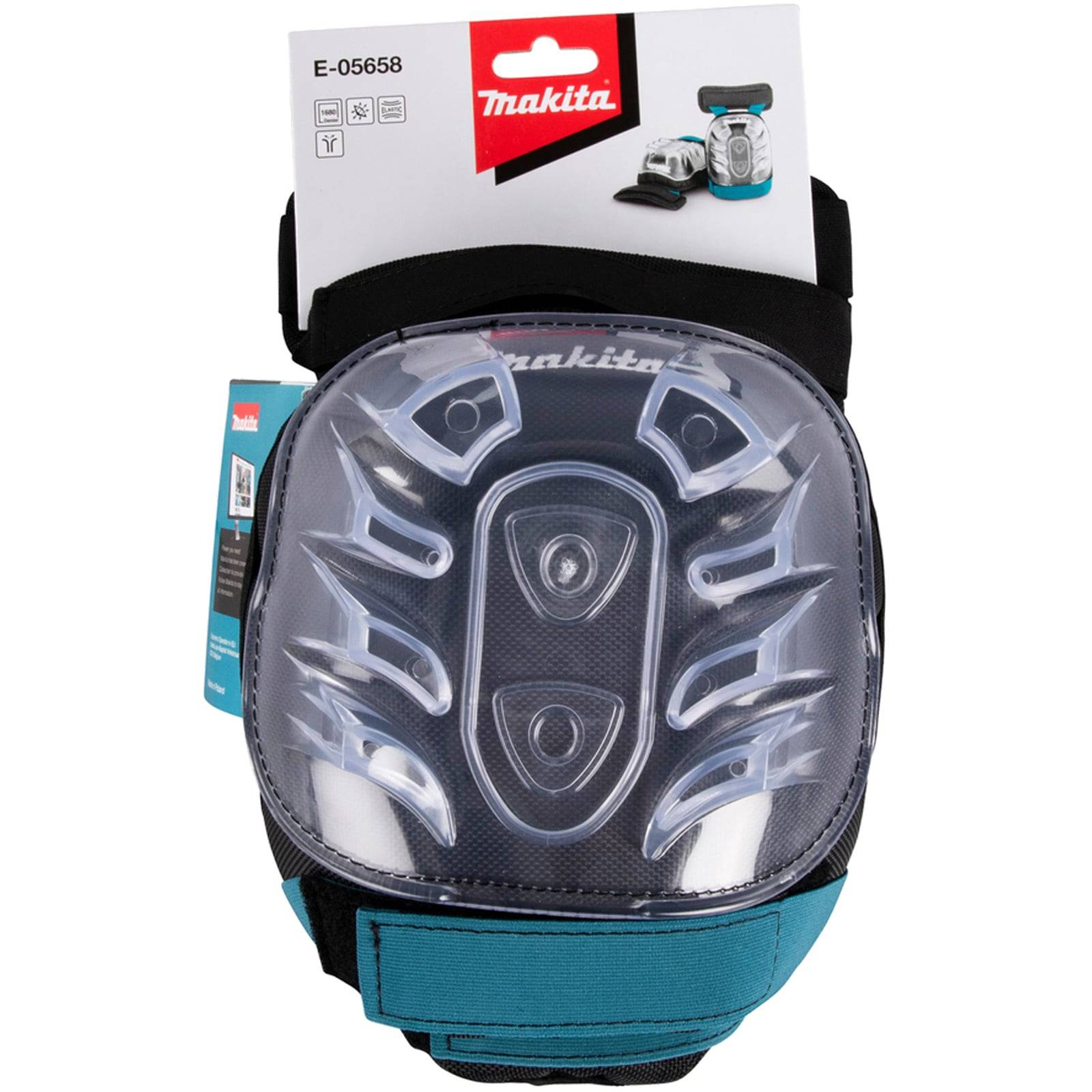 Makita Knieschutz mit Hartkunststoffkappe und türkisfarbenen Riemen, gezeigt in Verpackung auf einer Produktkarte mit der Bezeichnung E-05658.