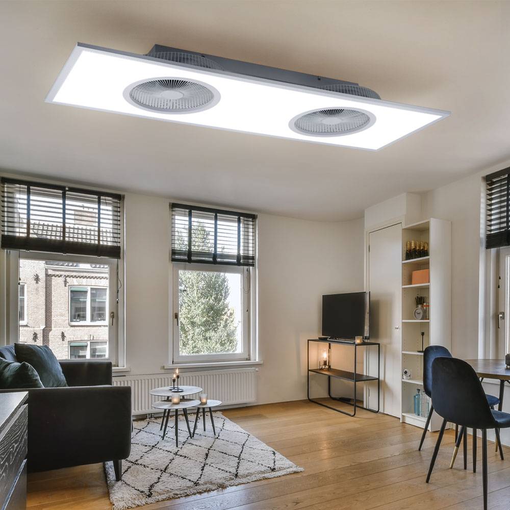 Deckenlampe Deckenventilator mit Beleuchtung Fernbedienung 2 Ventilatoren Schlafzimmer dimmbar CCT, 1x LED 24W warmweiß-kaltweiß, LxBxH 120x40x12,5