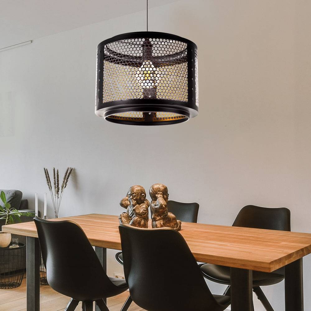 Pendelleuchte Hängelampe Wohnzimmerleuchte Retro Pendel Hängeleuchte Esstischlampe, schwarz gold, Metall Gitterschirm, 1x E27 Fassung, DxH 40x150 cm