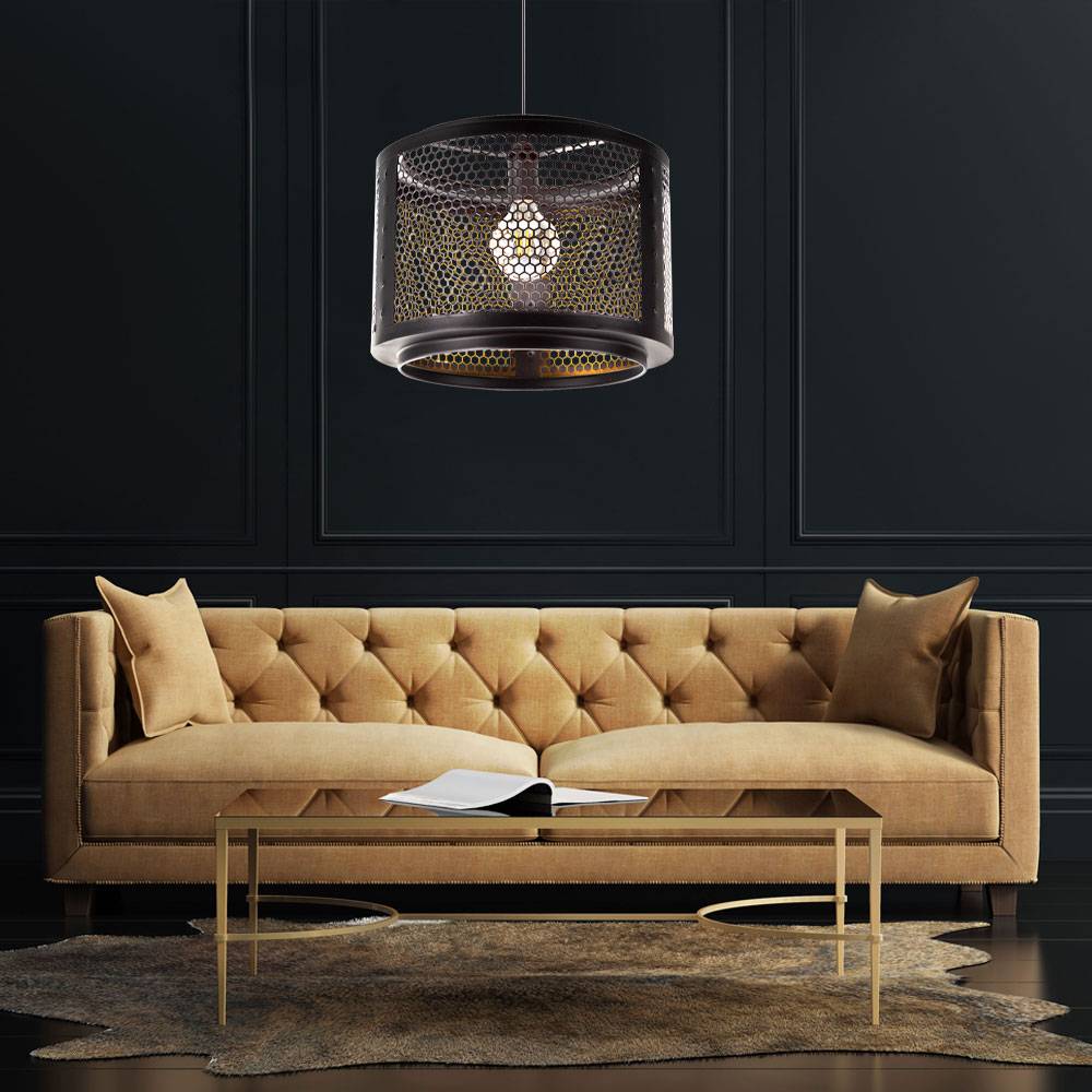 Pendelleuchte Hängelampe Wohnzimmerleuchte Retro Pendel Hängeleuchte Esstischlampe, schwarz gold, Metall Gitterschirm, 1x E27 Fassung, DxH 40x150 cm