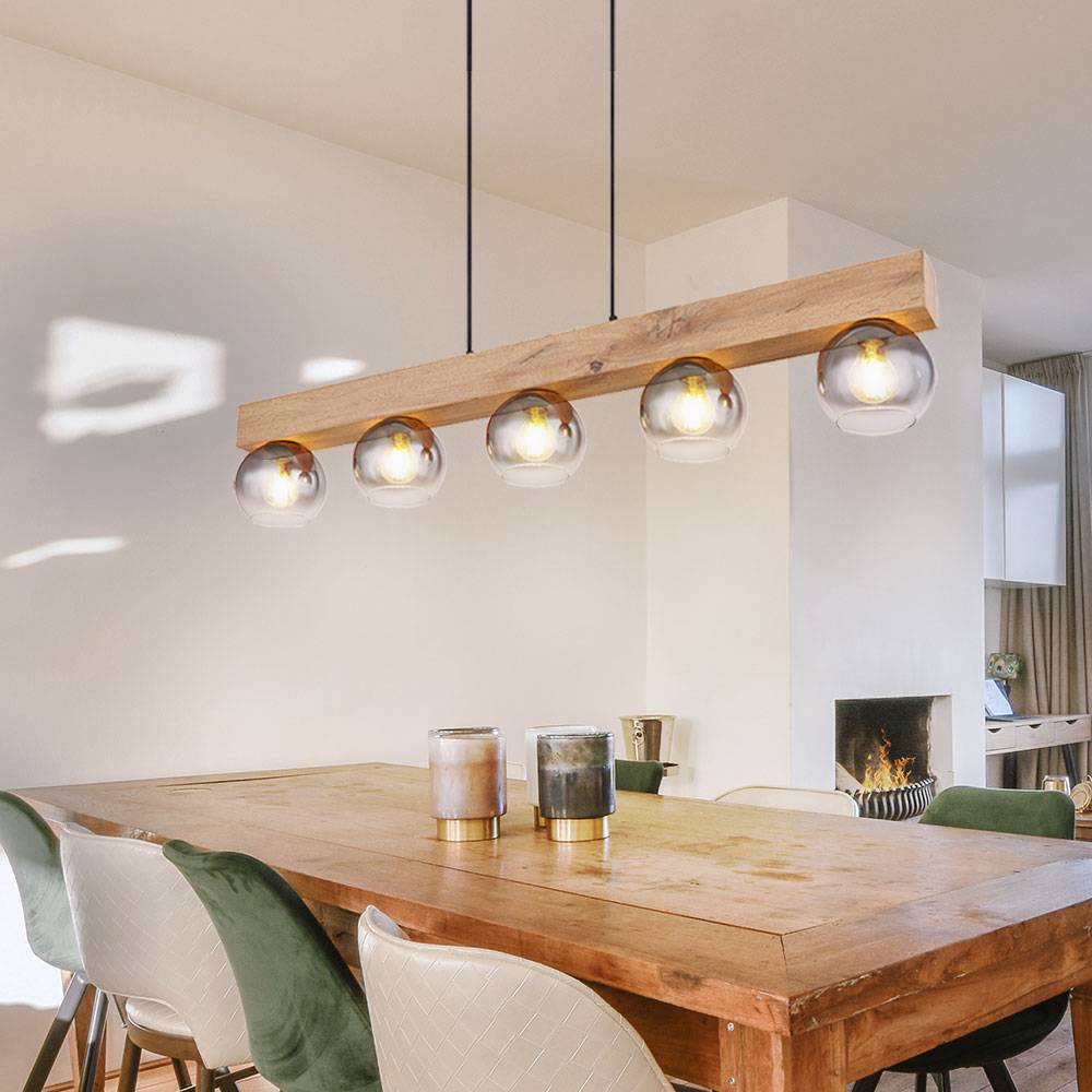 Pendelleuchte Hängelampe Wohnzimmerleuchte Glaskugeln Pendellampe schwarz Holzoptik, 5 flammig, Metall MDF, 5x E27 Fassungen, LxBxH 115x15x120 cm