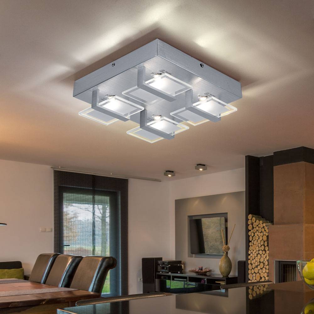 Deckenleuchte Deckenlampe Wohnzimmerleuchte Schlafzimmerlampe, 4 flammig, Glas klar satiniert, 4x LED 5W 332 Lm 3200K, LxBxH 26x26x7,8cm