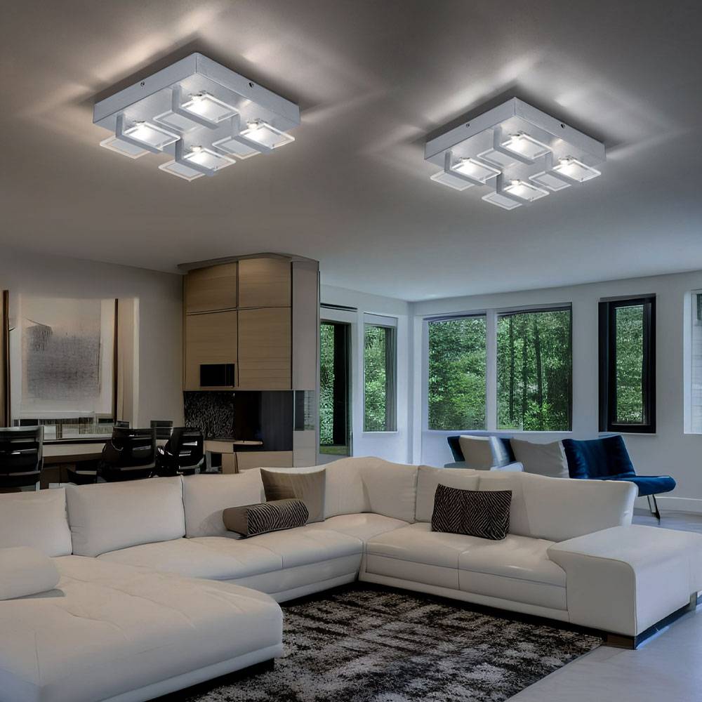 Deckenlampe Deckenleuchte Wohnzimmerleuchte Schlafzimmerlampe, 4 flammig, Glas klar satiniert, 4x LED 5W 332 Lm 3200K, LxBxH 26x26x7,8cm