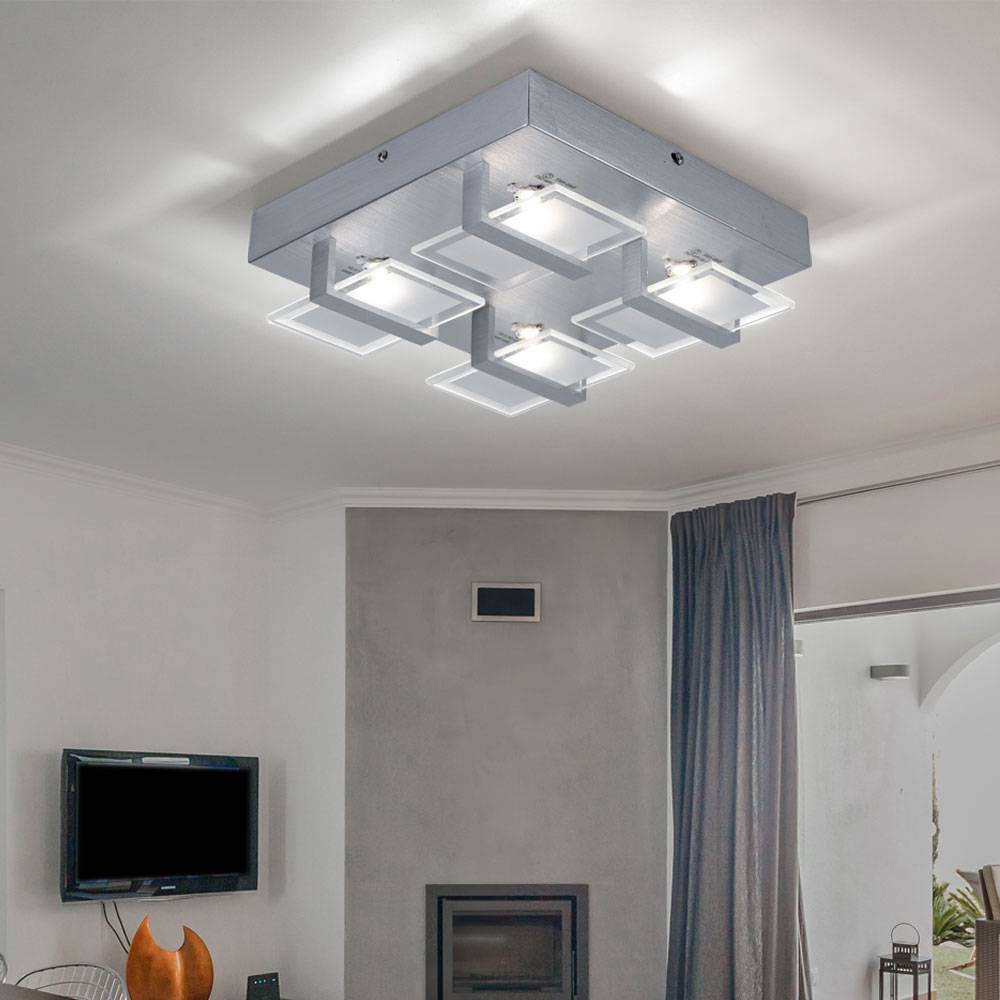 Deckenleuchte Deckenlampe Wohnzimmerleuchte Schlafzimmerlampe, 4 flammig, Glas klar satiniert, 4x LED 5W 332 Lm 3200K, LxBxH 26x26x7,8cm