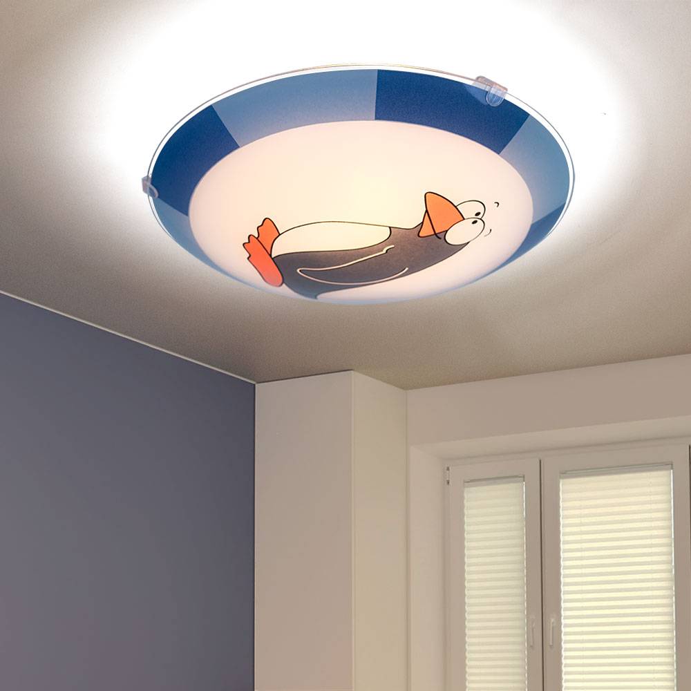 Kinderzimmer Deckenleuchte Pinguin Deckenlampe Kinder blau Kinderleuchte Wand Decke, Stahl Glas, 1x LED 4W 320Lm warmweiß, D 25 cm