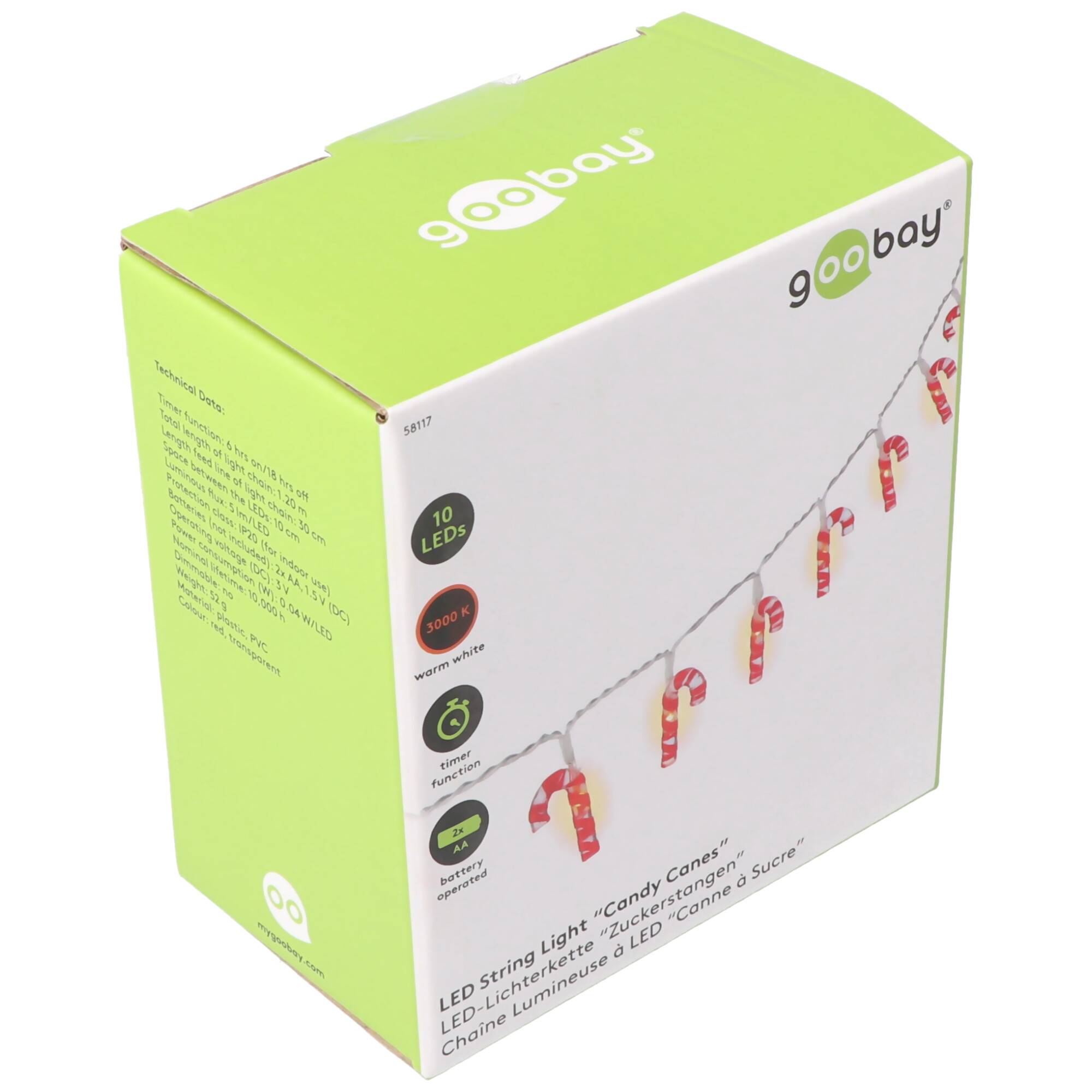 10er LED-Lichterkette Zuckerstangen, leuchtende Zuckerstangen, Lichterkette mit Timer-Funktion, warm-weiß, batteriebetri