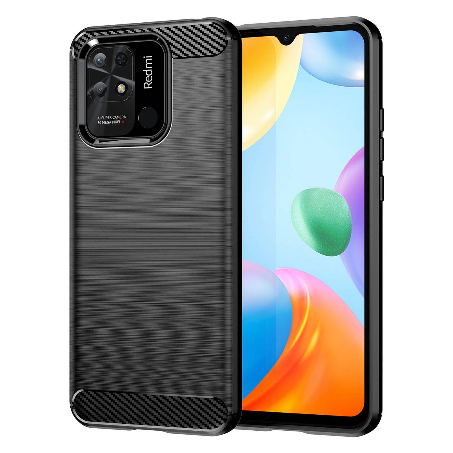 Silikon Hülle Carbon kompatibel mit Xiaomi Redmi 10C Case TPU Soft Handyhülle Cover Schutzhülle Schwarz