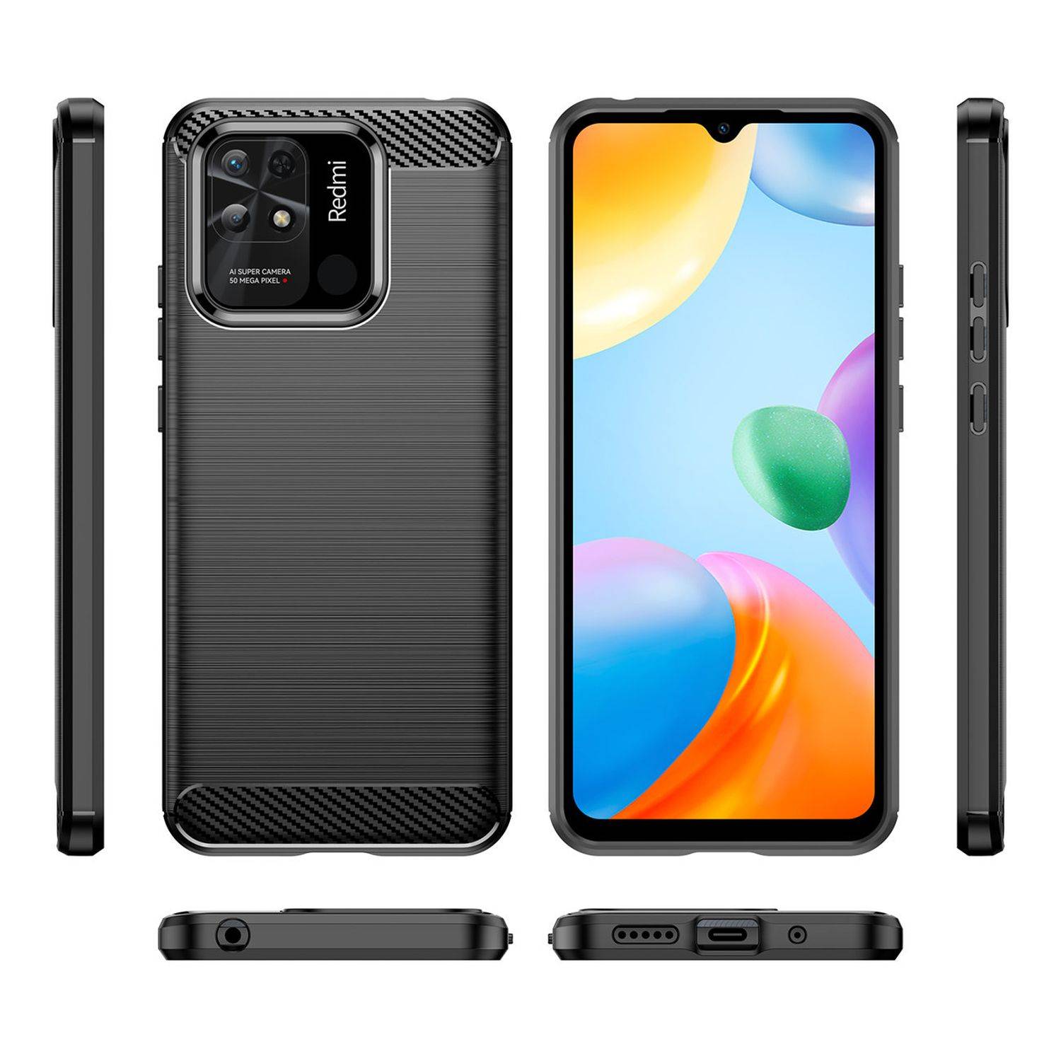 Silikon Hülle Carbon kompatibel mit Xiaomi Redmi 10C Case TPU Soft Handyhülle Cover Schutzhülle Schwarz