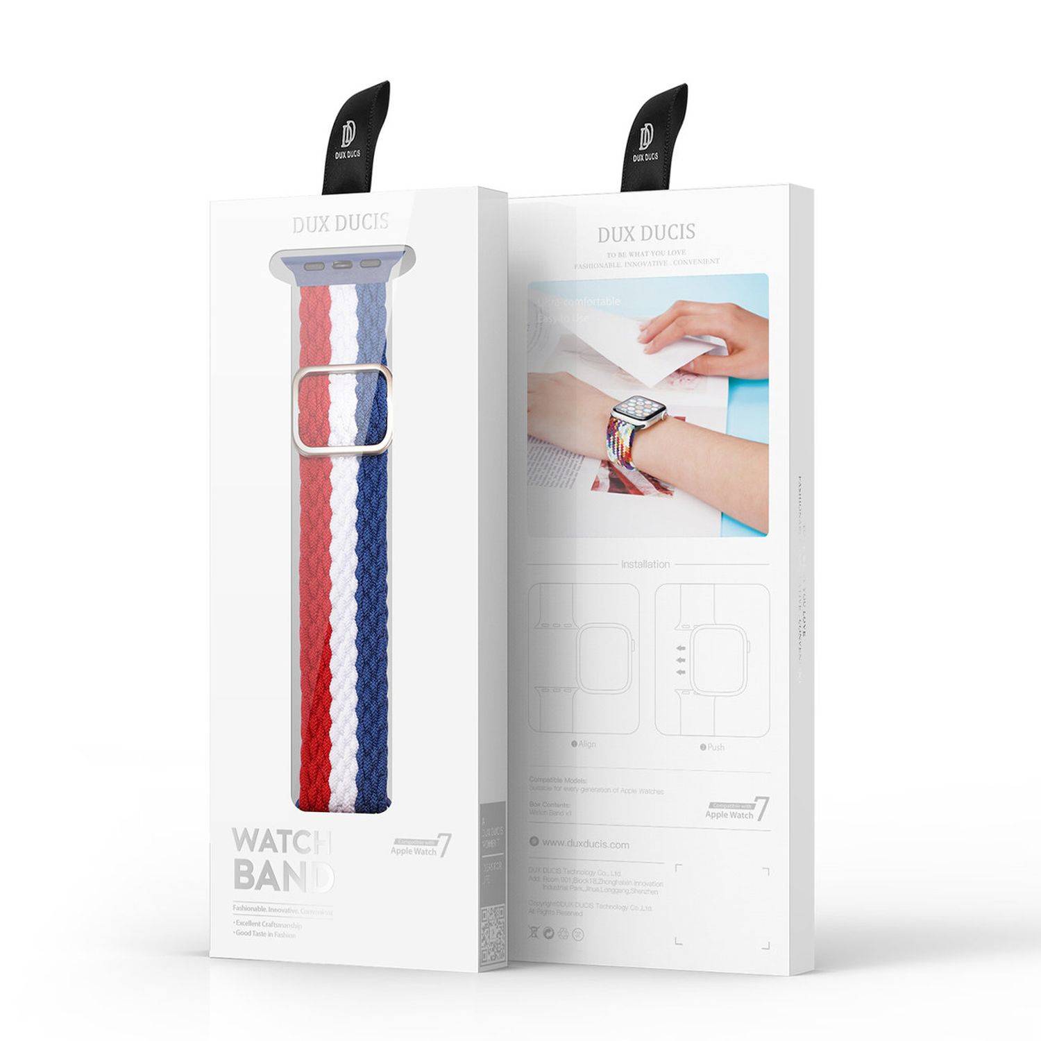 Dux Ducis Stoffband Uhrenarmband kompatibel mit Watch 7 / SE 45/44 / 42mm Stoff Gehäuse Rot-Blau-Weiß