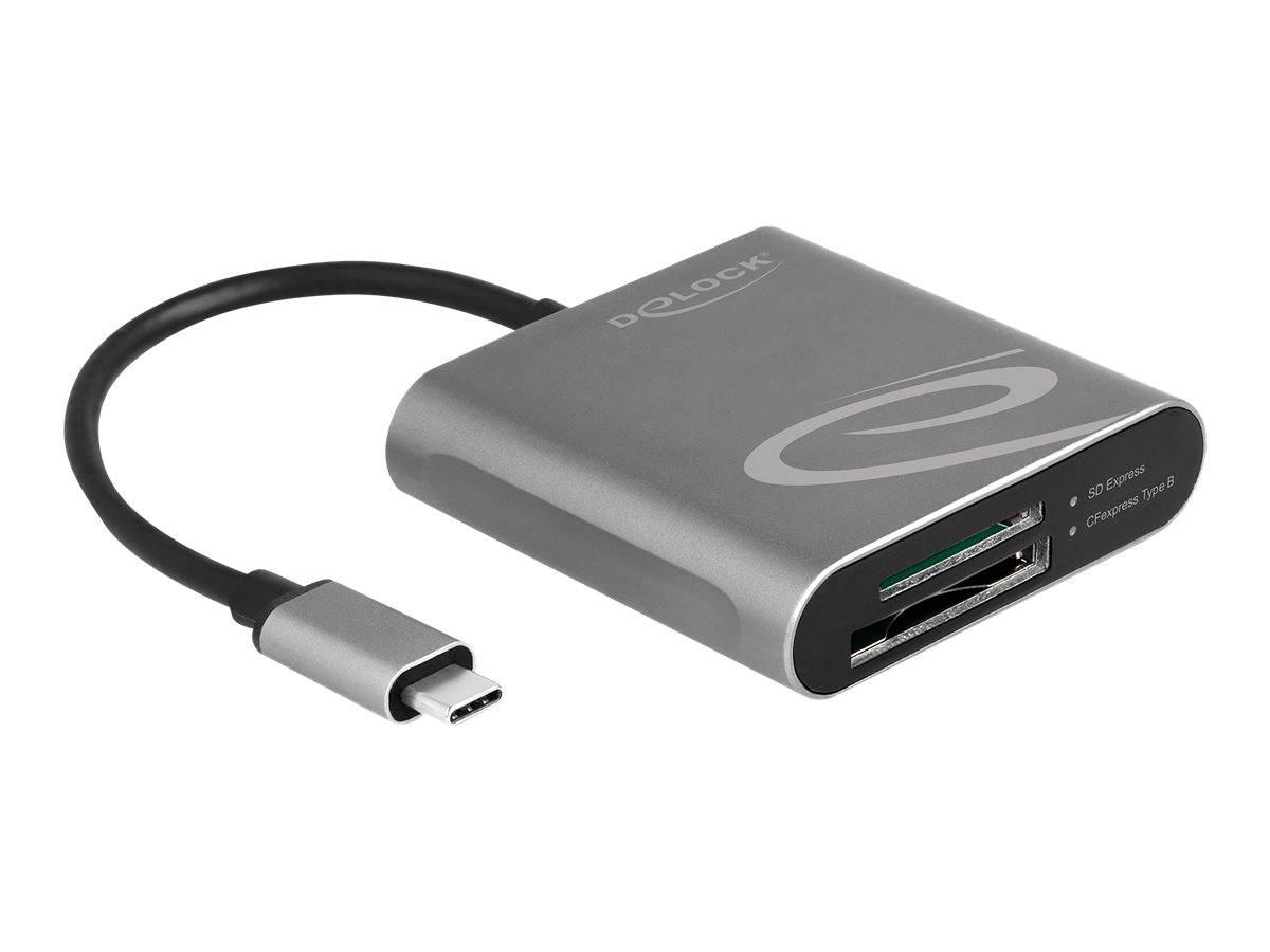 USB-C-Kartenleser-Adapter mit zwei vorderen Steckplätzen, dargestellt mit angeschlossenem USB-C-Kabel auf weißem Hintergrund.