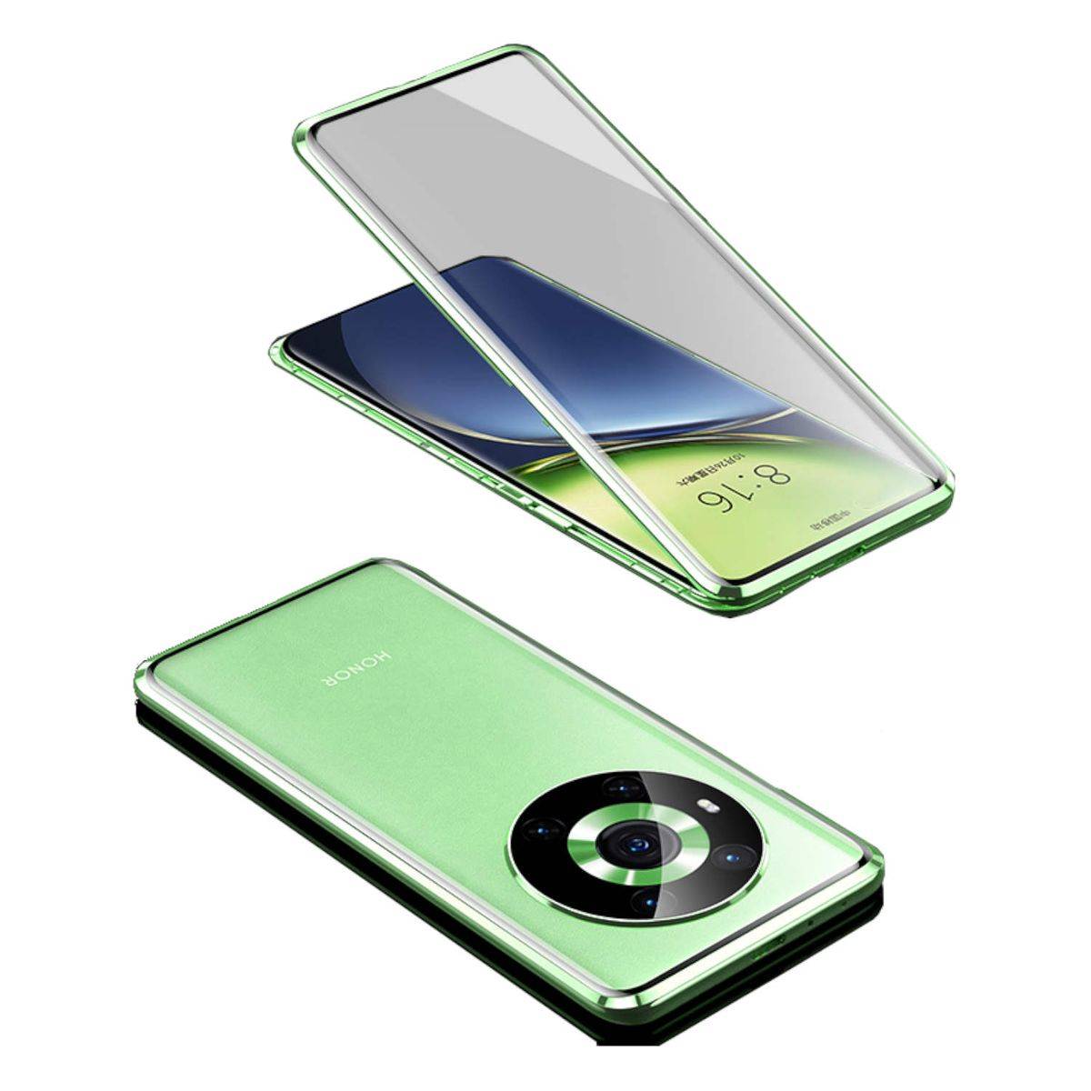 Für Honor Magic 4 Pro 5G Beidseitiger 360 Grad Magnet Glas Hülle Handy Tasche Bumper Grün