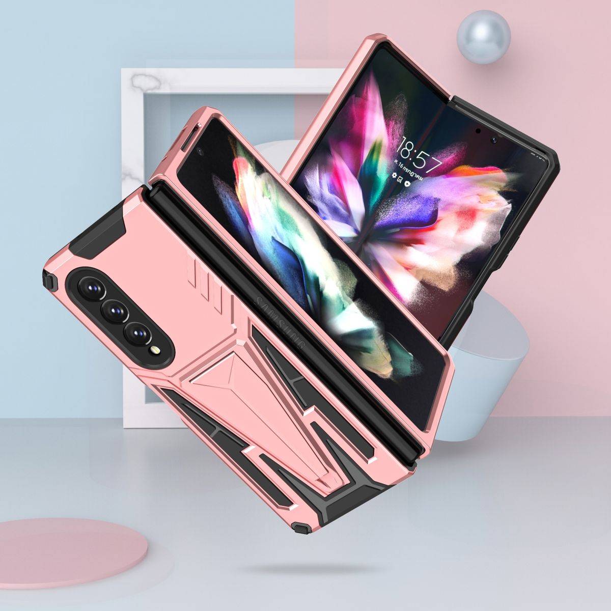 Für Samsung Galaxy Z Fold4 5G Outdoor Armor Kunststoff Super V Hart Cover Handy Tasche Hülle Etuis Pink